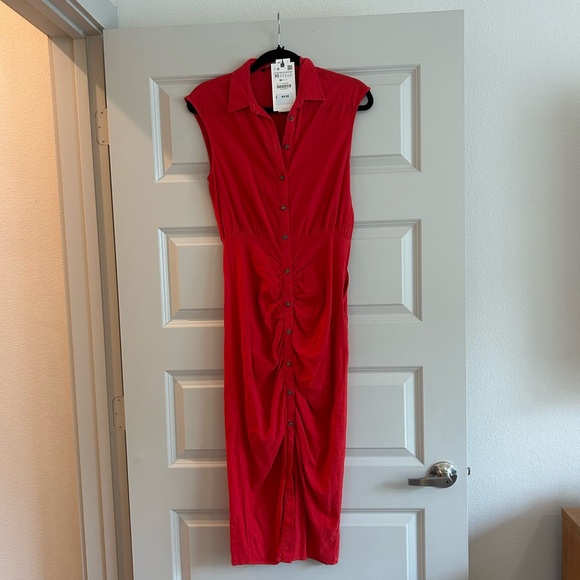 Zara red button down linen dress - Picture 3 of 5